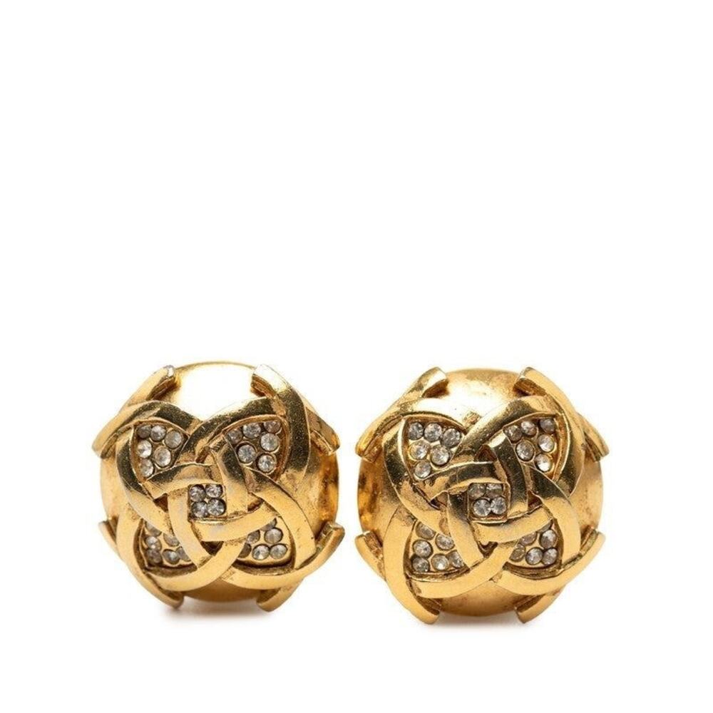 Chanel CC Logo Round Gold Plated Rhinestone Earrings